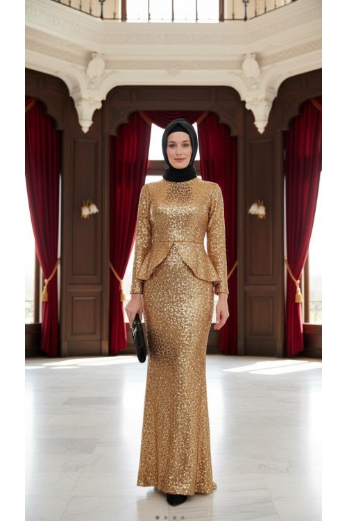 Nidya Moda Tesettür Kadın Gold Peplumlu  Balık Pullu Payet Abiye Elbise-4047TD