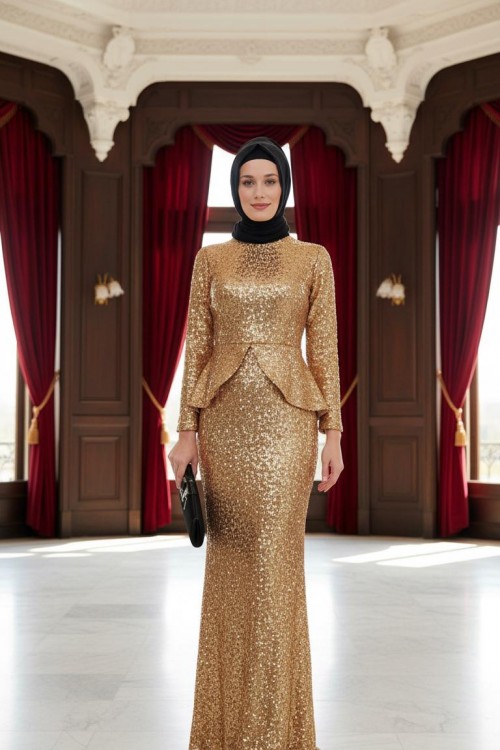 Nidya Moda Tesettür Kadın Gold Peplumlu  Balık Pullu Payet Abiye Elbise-4047TD