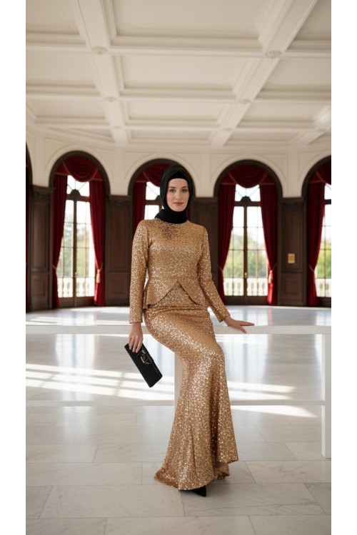 Nidya Moda Tesettür Kadın Gold Peplumlu Balık Pullu Payet Abiye Elbise-4047TD Nidya Moda Tesettür Kadın Gold Peplumlu Balık Pullu Payet Abiye Elbise-4047TD