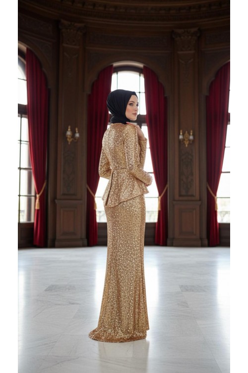 Nidya Moda Tesettür Kadın Gold Peplumlu  Balık Pullu Payet Abiye Elbise-4047TD