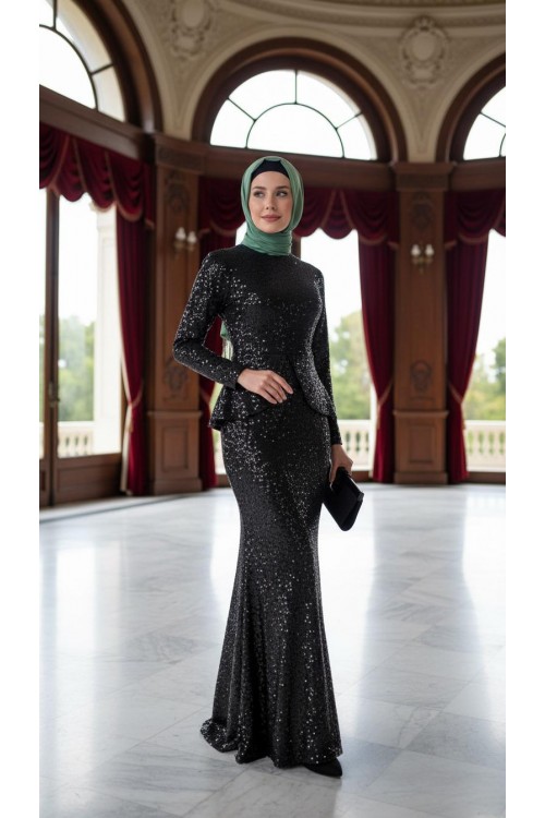 Nidya Moda Tesettür Kadın Siyah Peplumlu Pullu Payet Balık Abiye Elbise-4047TS