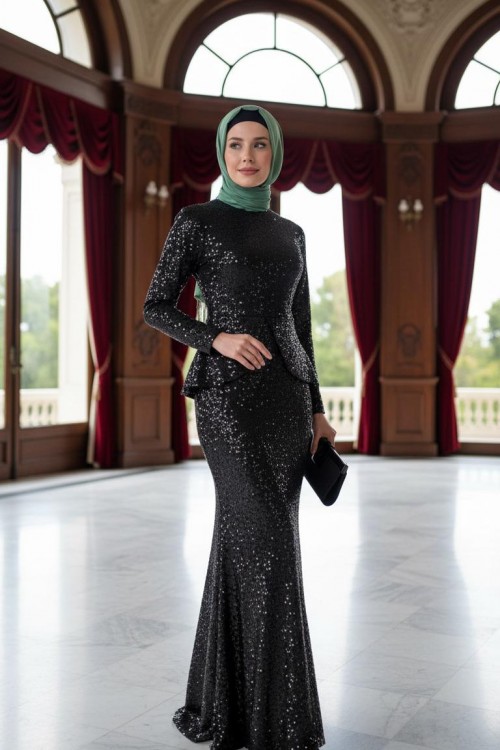 Nidya Moda Tesettür Kadın Siyah Peplumlu Pullu Payet Balık Abiye Elbise-4047TS