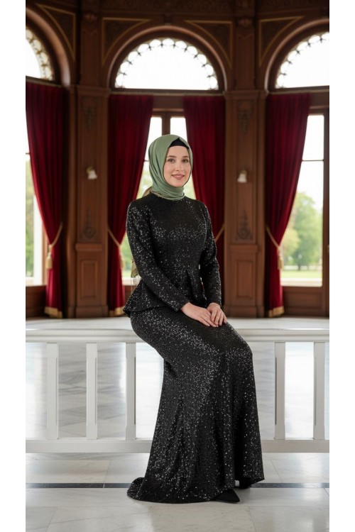 Nidya Moda Tesettür Kadın Siyah Peplumlu Pullu Payet Balık Abiye Elbise-4047TS