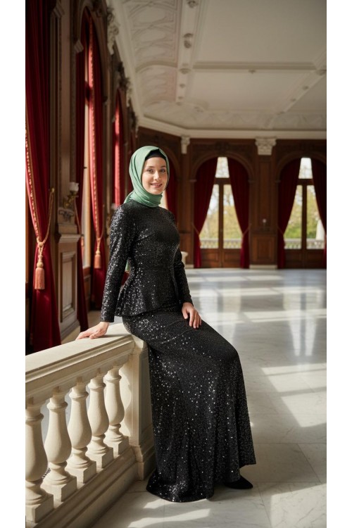 Nidya Moda Tesettür Kadın Siyah Peplumlu Pullu Payet Balık Abiye Elbise-4047TS