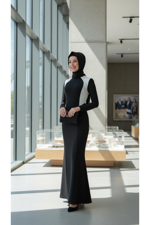 Nidya Moda Tesettür Kadın Siyah Kup Beyaz  Kombinli Balık Krep Abiye Elbise-4048KTS