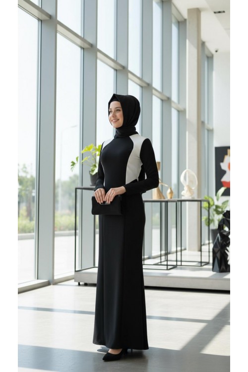 Nidya Moda Tesettür Kadın Siyah Kup Beyaz  Kombinli Balık Krep Abiye Elbise-4048KTS