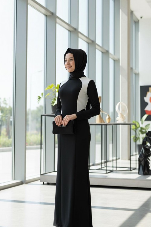 Nidya Moda Tesettür Kadın Siyah Kup Beyaz  Kombinli Balık Krep Abiye Elbise-4048KTS