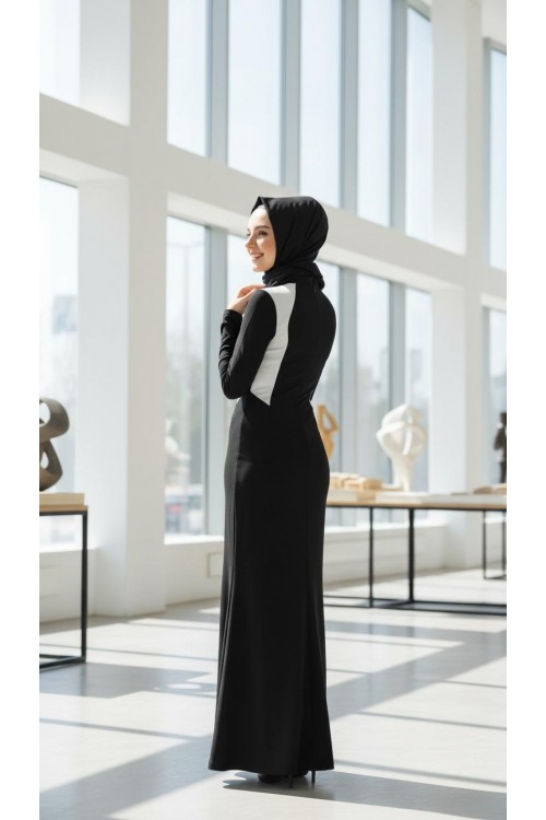 Nidya Moda Tesettür Kadın Siyah Kup Beyaz  Kombinli Balık Krep Abiye Elbise-4048KTS