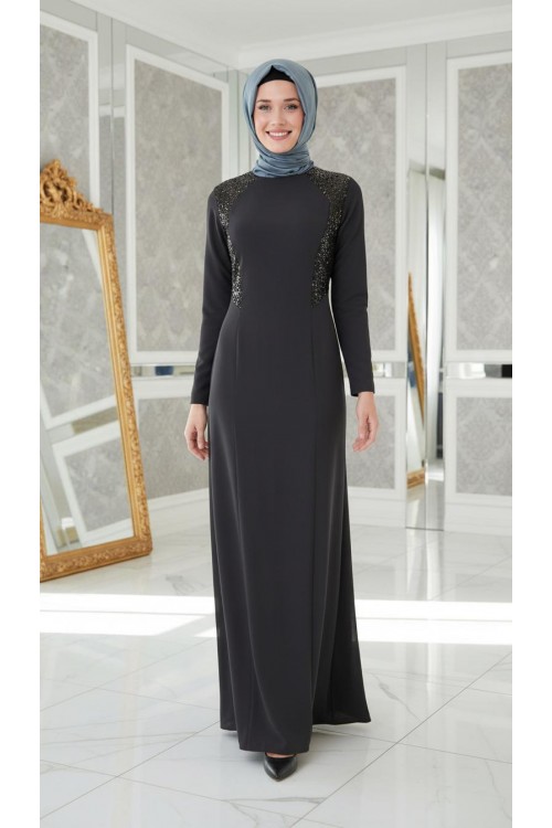 Nidya Moda Tesettür Kadın Lacivert Kupları Pullu Payet Kombinli Balık Krep Abiye Elbise-4048PTL