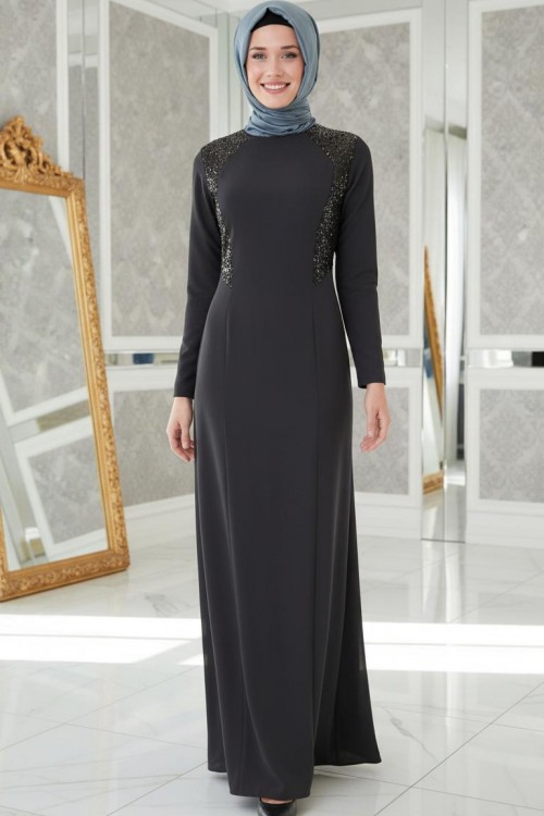 Nidya Moda Tesettür Kadın Lacivert Kupları Pullu Payet Kombinli Balık Krep Abiye Elbise-4048PTL