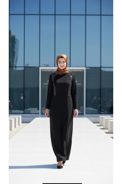 Nidya Moda Tesettür Kadın Siyah Kupları  Pullu Payet Kombinli Krep Balık  Abiye Elbise-4048PTS