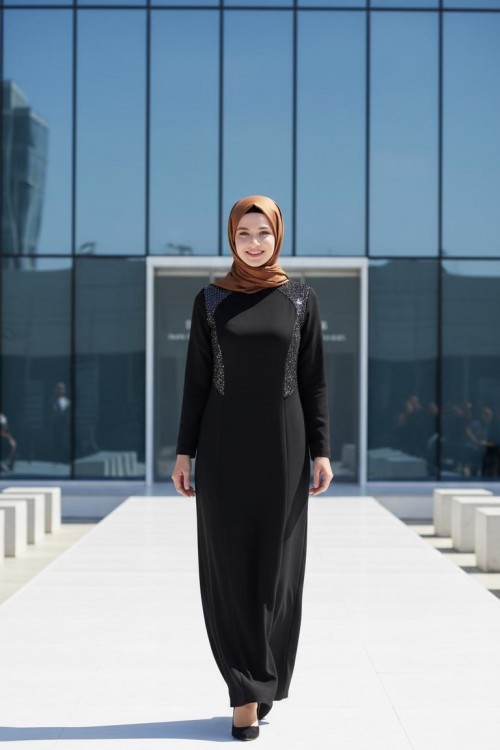 Nidya Moda Tesettür Kadın Siyah Kupları  Pullu Payet Kombinli Krep Balık  Abiye Elbise-4048PTS