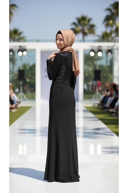 Nidya Moda Tesettür Kadın Siyah Kupları  Pullu Payet Kombinli Krep Balık  Abiye Elbise-4048PTS