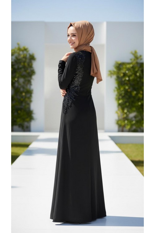 Nidya Moda Tesettür Kadın Siyah Kupları  Pullu Payet Kombinli Krep Balık  Abiye Elbise-4048PTS