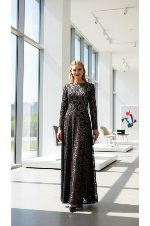 Nidya Moda Büyük Beden Tesettür Kadın Pudra Dantelli Uzun Abiye Elbise-4051P