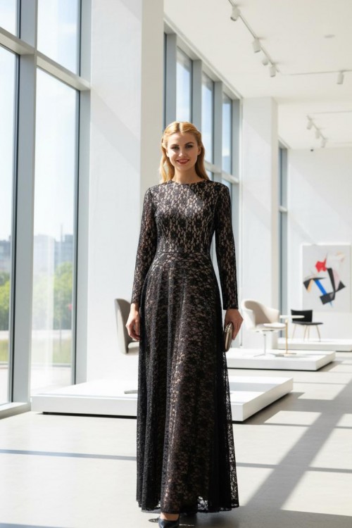 Nidya Moda Büyük Beden Tesettür Kadın Pudra Dantelli Uzun Abiye Elbise-4051P