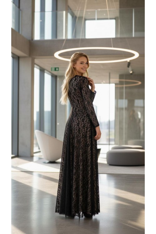 Nidya Moda Büyük Beden Tesettür Kadın Pudra Dantelli Uzun Abiye Elbise-4051P