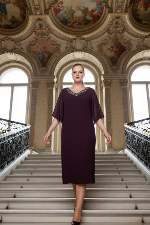 Nidya Moda Büyük Beden Kadın Mürdüm Taşlı Yaka Şifon Kol Sandy Abiye Elbise-4053M