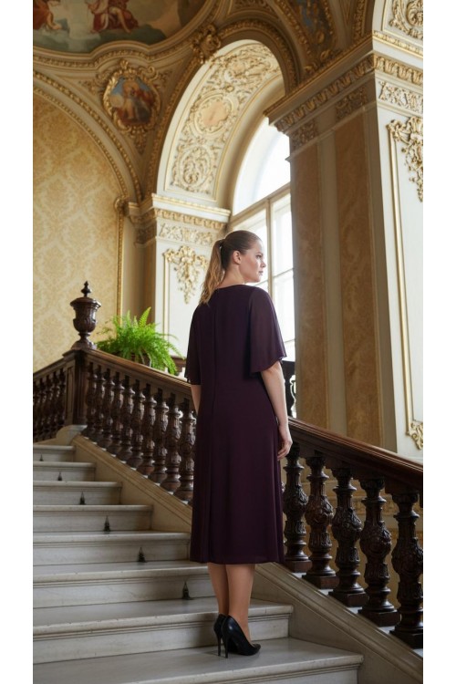 Nidya Moda Büyük Beden Kadın Mürdüm Taşlı Yaka Şifon Kol Sandy Abiye Elbise-4053M