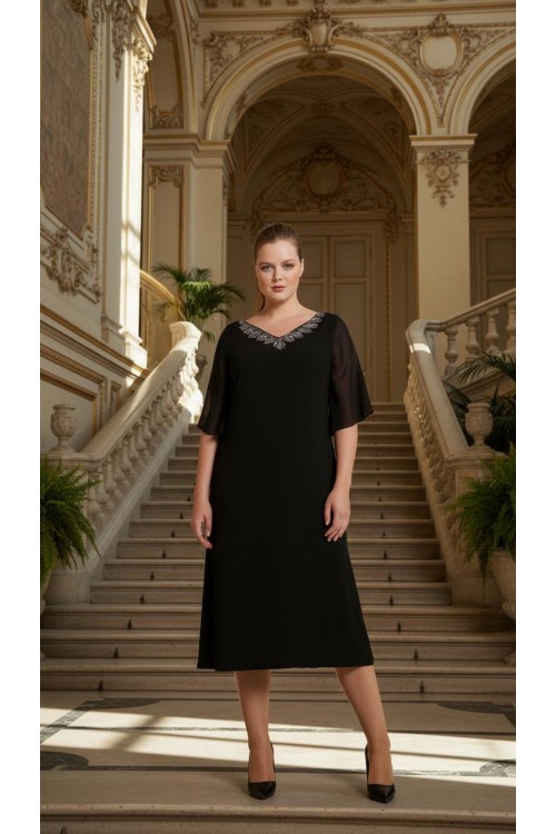 Nidya Moda Büyük Beden Kadın Siyah V TaşlıYaka Şifon Kol  Sandy Abiye Elbise-4053S