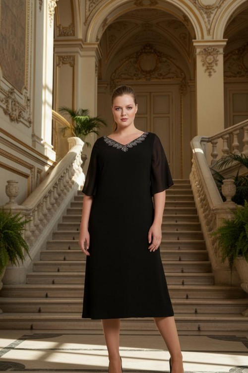 Nidya Moda Büyük Beden Kadın Siyah V TaşlıYaka Şifon Kol  Sandy Abiye Elbise-4053S