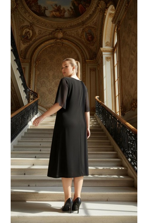 Nidya Moda Büyük Beden Kadın Siyah V TaşlıYaka Şifon Kol  Sandy Abiye Elbise-4053S