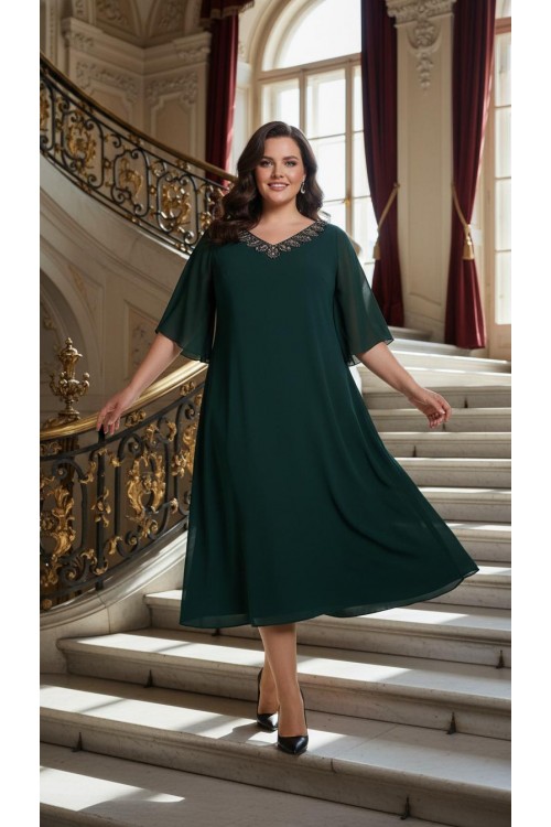 Nidya Moda Büyük Beden Kadın Yeşil V Taşlı Yaka Şifon Kol Sandy  Abiye Elbise-4053Y