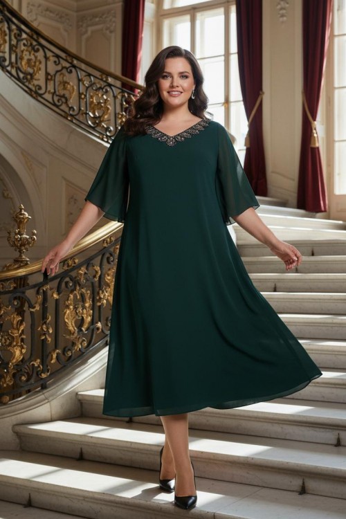 Nidya Moda Büyük Beden Kadın Yeşil V Taşlı Yaka Şifon Kol Sandy  Abiye Elbise-4053Y