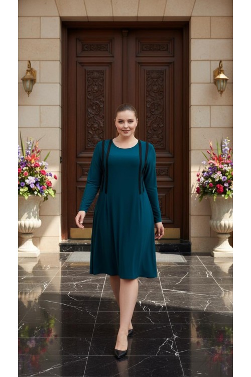 Nidya Moda Büyük Beden Kadın Yeşil  Kombini Syah Şerit Sandy  Abiye Elbise-4054Y