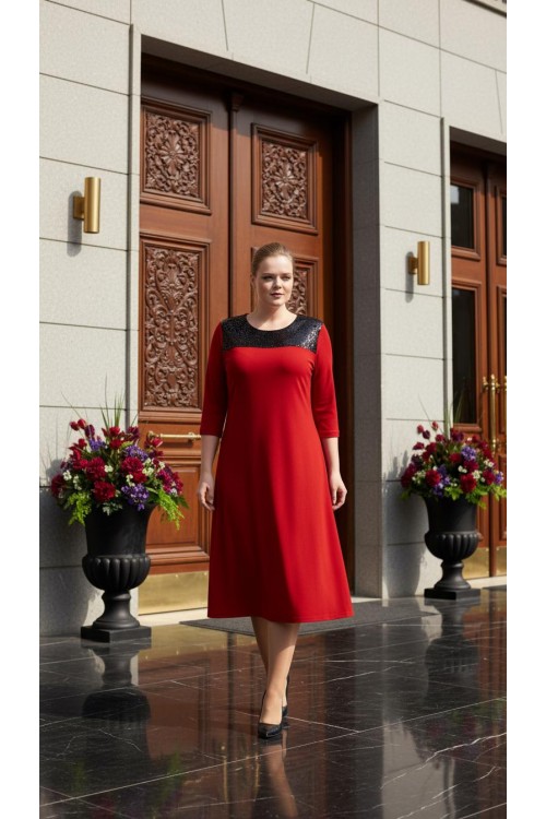 Nidya Moda Büyük Beden Kadın Kırmızı Roba Pullu Payetli Sandy Abiye Elbise-4055K