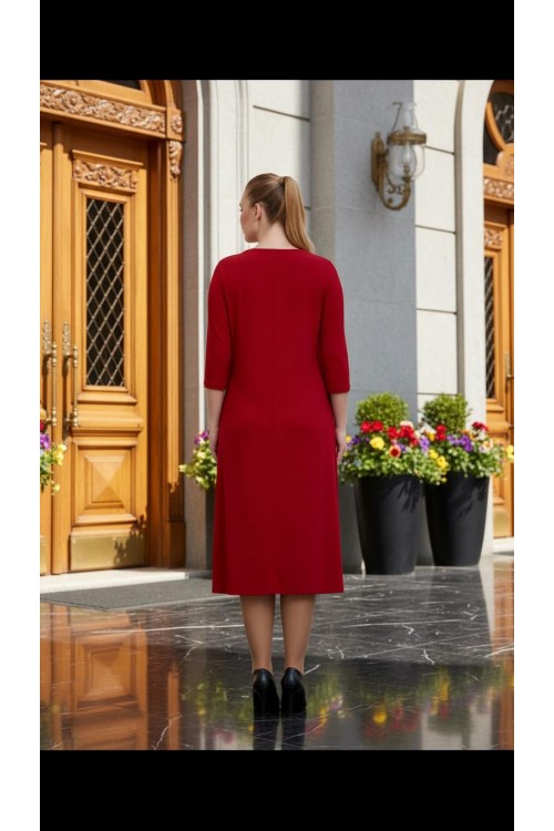 Nidya Moda Büyük Beden Kadın Kırmızı Roba Pullu Payetli Sandy Abiye Elbise-4055K