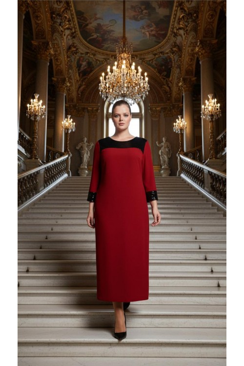 Nidya Moda Büyük Beden  Kadın Kırmızı Roba Manşet Pullu Payet Konbin Sandy Abiye Elbise-4056K