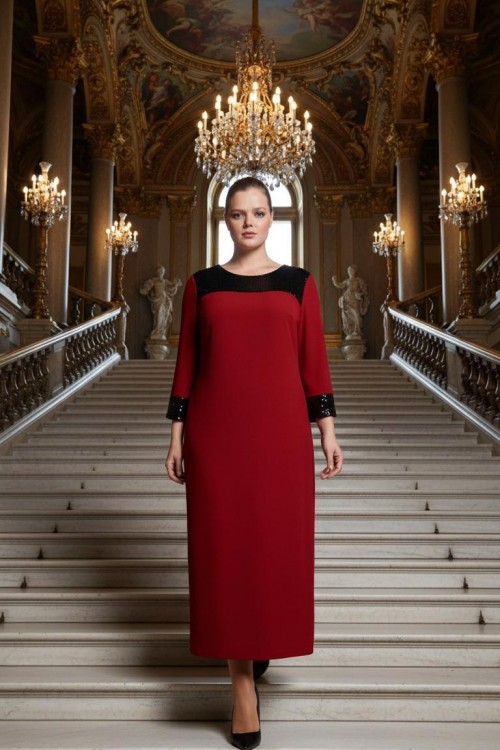 Nidya Moda Büyük Beden  Kadın Kırmızı Roba Manşet Pullu Payet Konbin Sandy Abiye Elbise-4056K