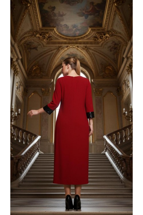 Nidya Moda Büyük Beden  Kadın Kırmızı Roba Manşet Pullu Payet Konbin Sandy Abiye Elbise-4056K