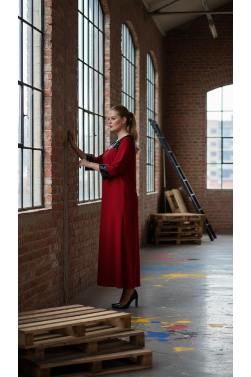 Nidya Moda Büyük Beden  Kadın Kırmızı Roba Manşet Pullu Payet Konbin Sandy Abiye Elbise-4056K