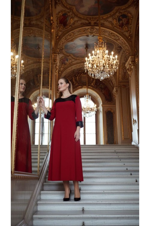 Nidya Moda Büyük Beden  Kadın Kırmızı Roba Manşet Pullu Payet Konbin Sandy Abiye Elbise-4056K