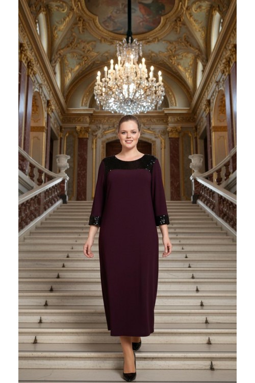 Nidya Moda Büyük Beden Kadın Mürdüm Roba Manşet Payet Konbin Sandy  Abiye Elbise-4056M