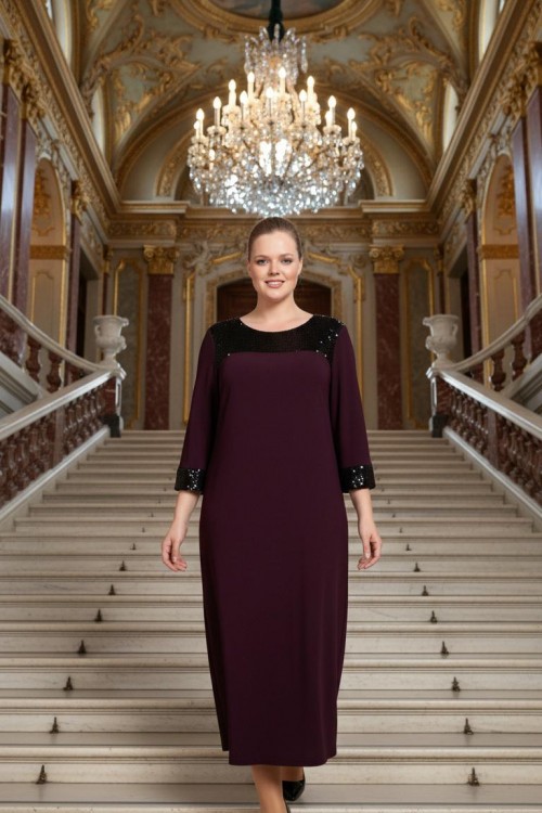 Nidya Moda Büyük Beden Kadın Mürdüm Roba Manşet Payet Konbin Sandy  Abiye Elbise-4056M