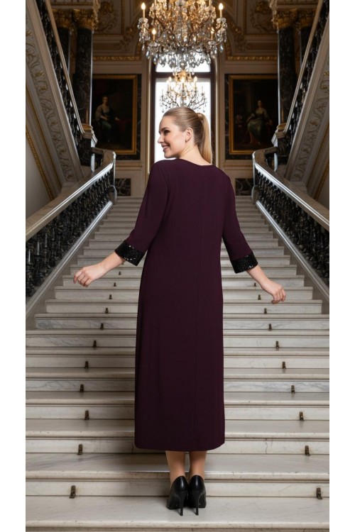 Nidya Moda Büyük Beden Kadın Mürdüm Roba Manşet Payet Konbin Sandy  Abiye Elbise-4056M