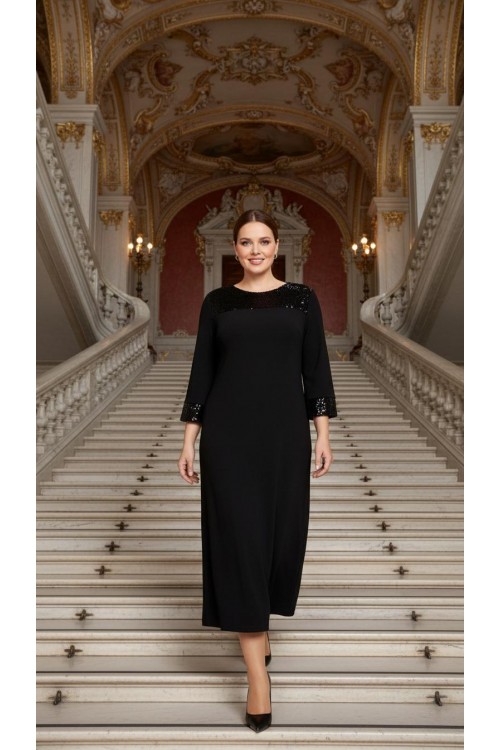 Nidya Moda Büyük Beden Kadın Siyah Pullu Payet Konbin Sandy Abiye Elbise-4056S