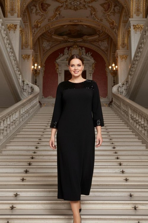 Nidya Moda Büyük Beden Kadın Siyah Pullu Payet Konbin Sandy Abiye Elbise-4056S