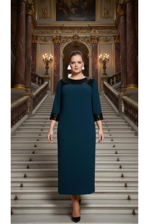 Nidya Moda Büyük Beden Kadın Petrol Yeşil Roba Manşet Payet Konbin Sandy  Abiye Elbise-4056Y