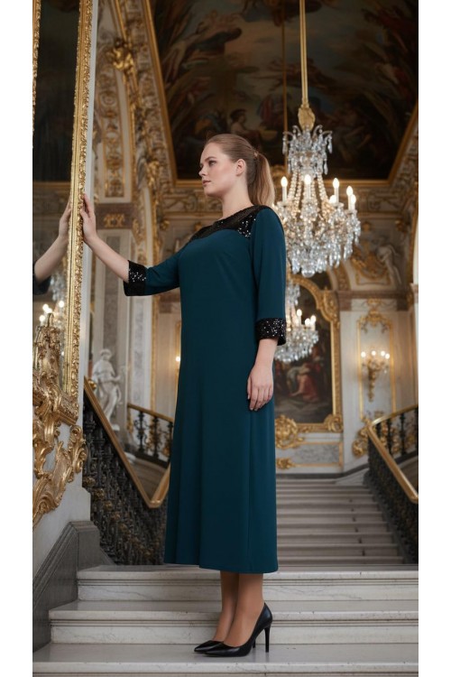 Nidya Moda Büyük Beden Kadın Petrol Yeşil Roba Manşet Payet Konbin Sandy  Abiye Elbise-4056Y