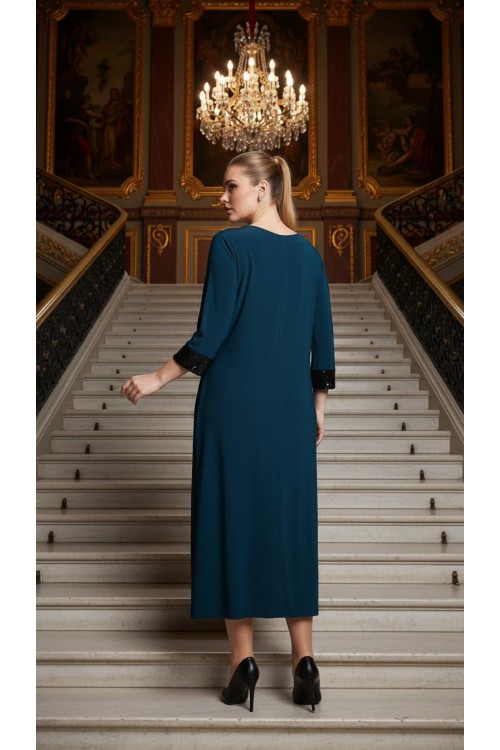 Nidya Moda Büyük Beden Kadın Petrol Yeşil Roba Manşet Payet Konbin Sandy  Abiye Elbise-4056Y