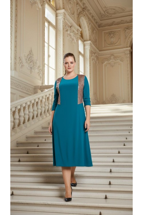 Nidya Moda Büyük Beden Kadın Turkuaz Kupları Pullu Payet Kombin Sandy  Abiye Elbise-4060T