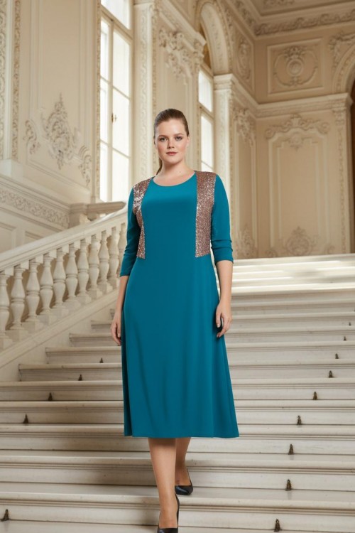 Nidya Moda Büyük Beden Kadın Turkuaz Kupları Pullu Payet Kombin Sandy  Abiye Elbise-4060T