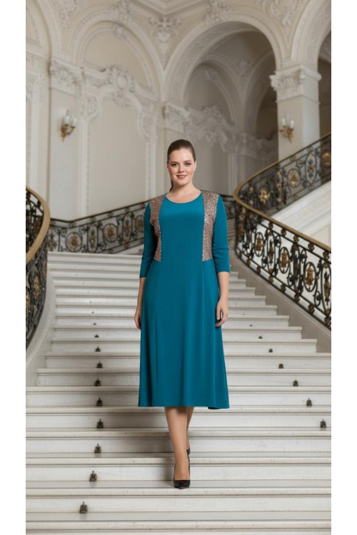 Nidya Moda Büyük Beden Kadın Turkuaz Kupları Pullu Payet Kombin Sandy  Abiye Elbise-4060T