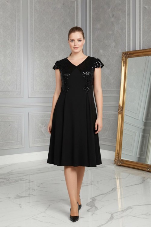 Nidya Moda Büyük Beden Kadın Siyah Roba Kol  Pulllu Payet Kombin Krep  Abiye Elbise-4061S