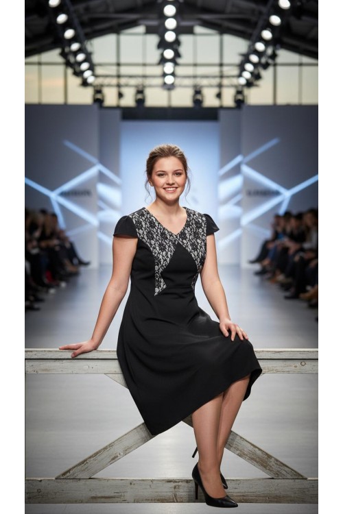 Nidya Moda Büyük Beden Kadın  Siyah Roba Kol  Dantelli Krep Abiye Elbise-4062S