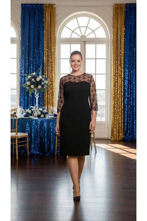 Nidya Moda Büyük Beden Kadın Siyah Roba Kol Mine Dantelli Krep  Abiye Elbise-4063S